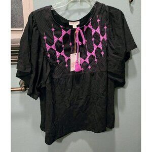 NWT Knox Rose Baby Doll Style Black Top Purple Embroidery Tassels Plus Size XXL